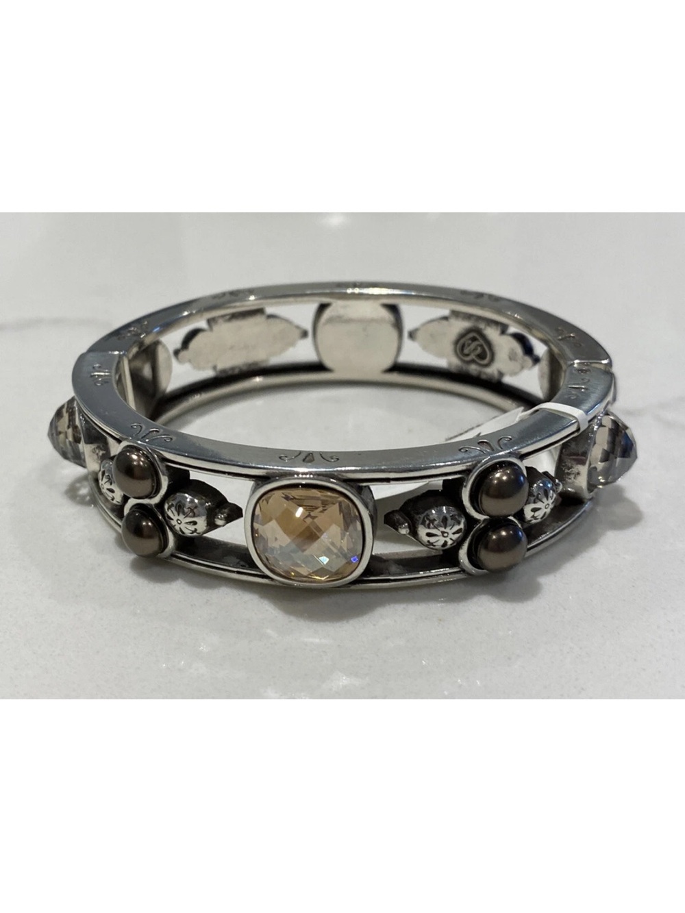 Brighton Selene Silver Hinged Magnetic Bangle BRACELET w/Crystals Pearls